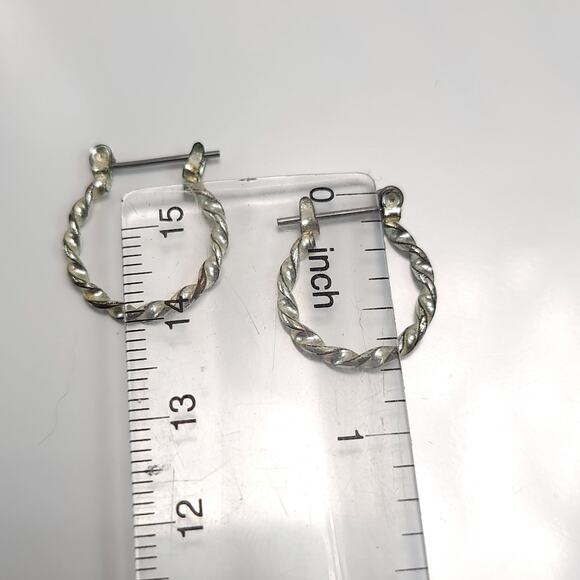 Silver Twisted Hoop Earrings Small Rope Design Classic Everyday Jewelry - Picture 6 of 10